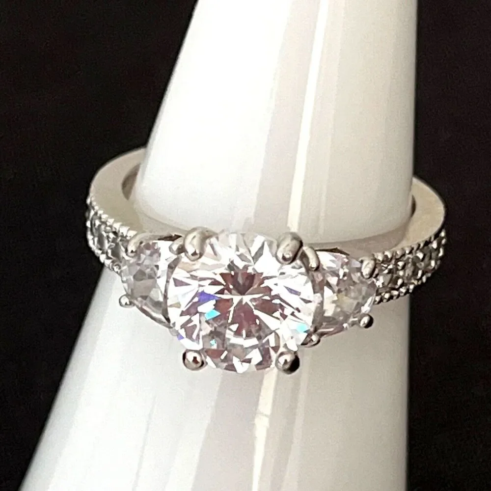 Silver Tone Ring CZ Three Stone Engagement Signed RSC Size 7 - 1E